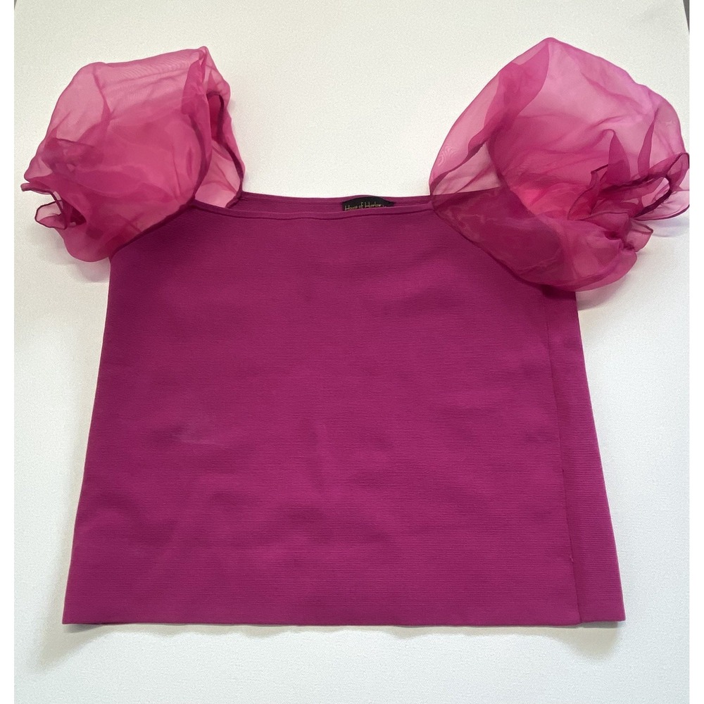 House of Harlow 1960 Pink Puff Sleeve Organza Knit Top. Square Neck. Large